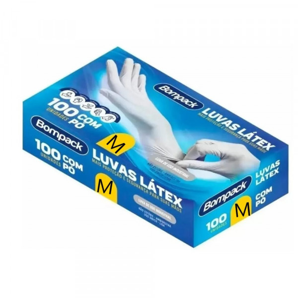 LUVA DESCARTAVEL LATEX BOMPACK COM PO  M  100Un