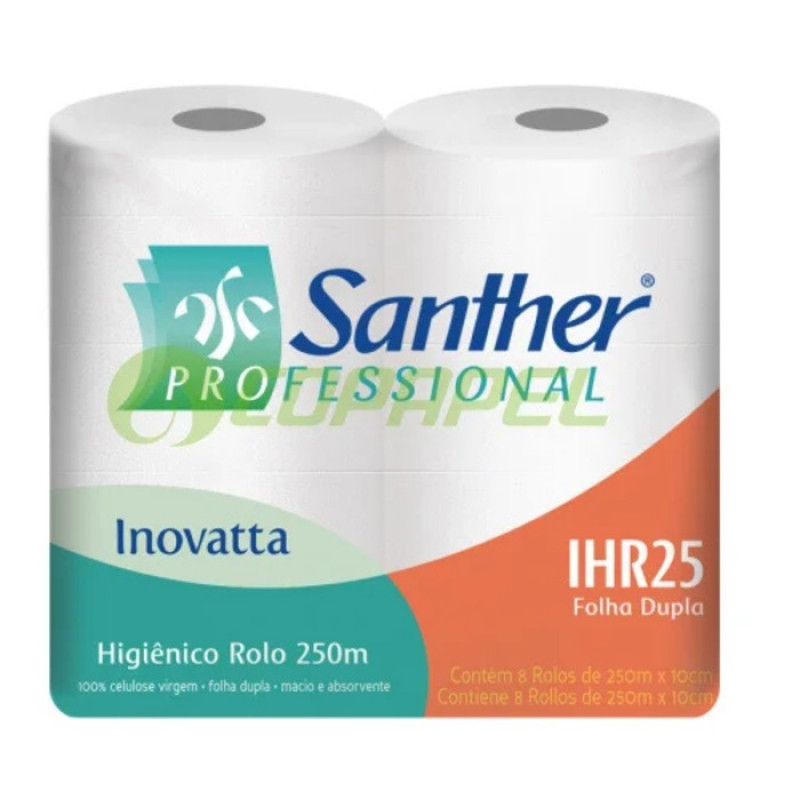 PAPEL HIGIENICO ROLAO SANTHER PERSONAL VIP FD 100% CELULOSE 8x250m REF: PHR25/IHR25